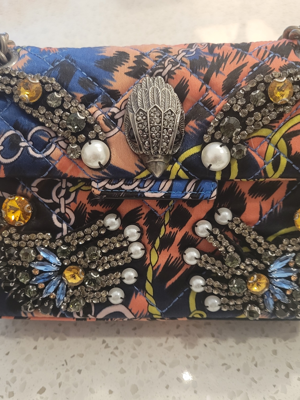Kurt Geiger London Mini Kensington bag feat bold tropical print/crystals/pearls